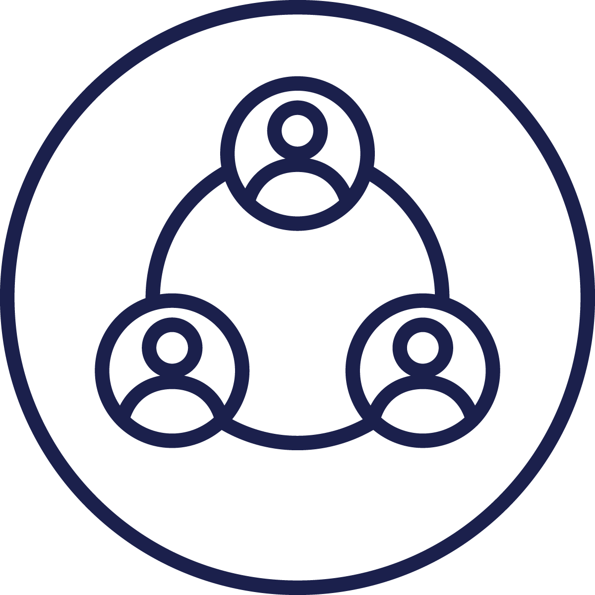 icon with three figures in a triangle, connected to each other